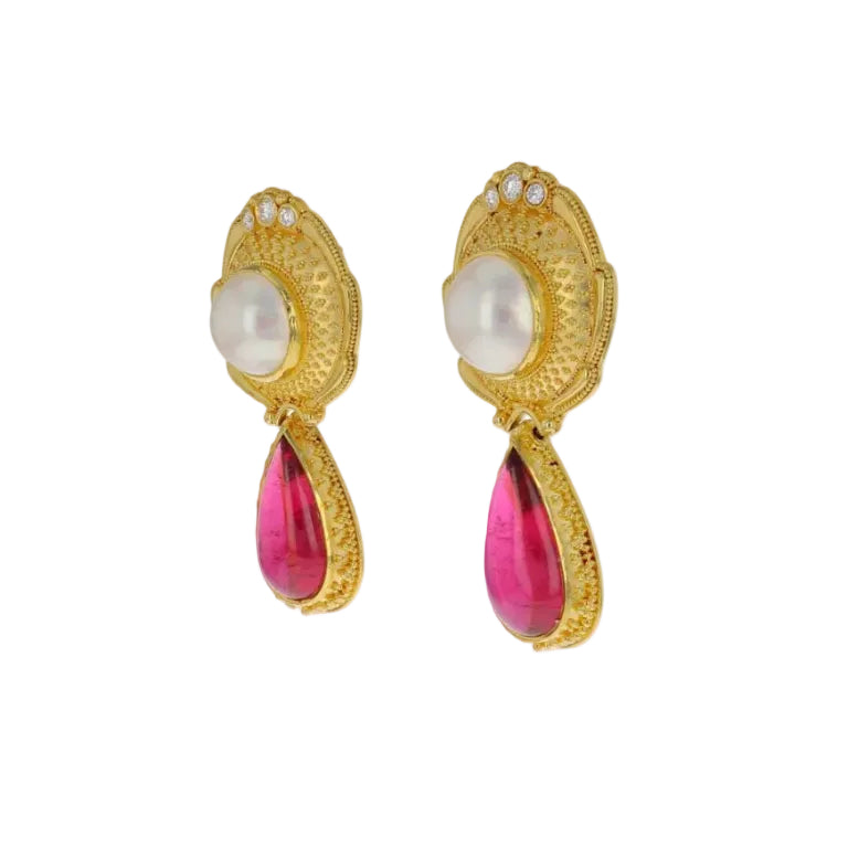 Rubellite and Mabe Pearl Earring with Diamonds