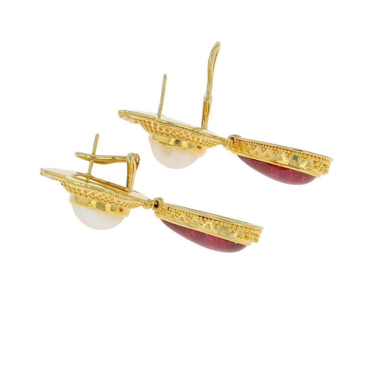 18 Karat Gold Rubellite and Mabe Pearl Earring with Diamonds