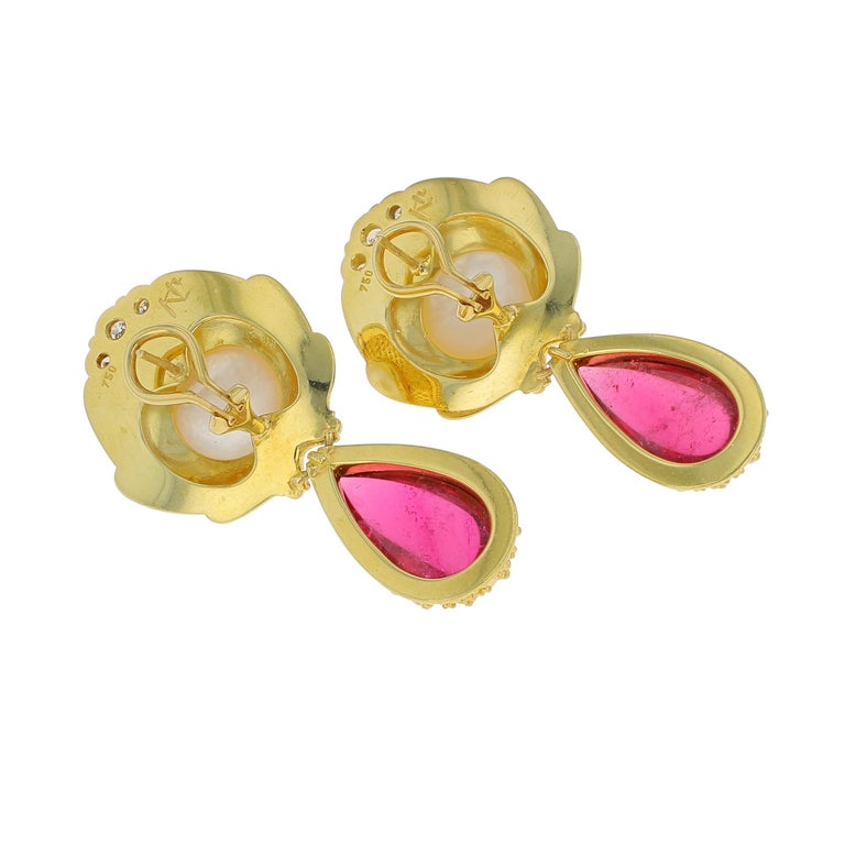 18 Karat Gold Rubellite and Mabe Pearl Earring with Diamonds