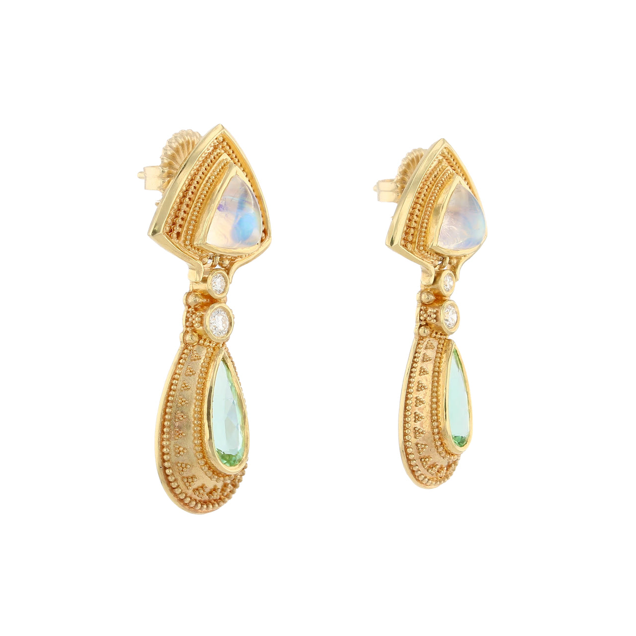 Rainbow Moonstone Earrings with Green Tourmaline Drops