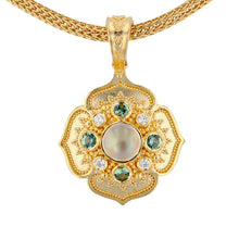 Rainbow Moonstone, Diamond and Blue-Gray Sapphire Flower Pendant