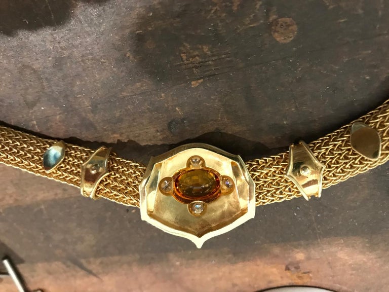 Necklace with hand woven chain: Golden Sapphire 5.54ct, Diamonds DEF VS .80ct, Golden Sapphire (in clasp) 1.18ct, 82.4gr 18k Gold.