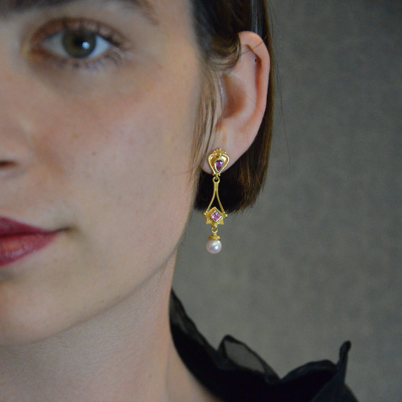 Pink Sapphire & Akoya pearl Earrings