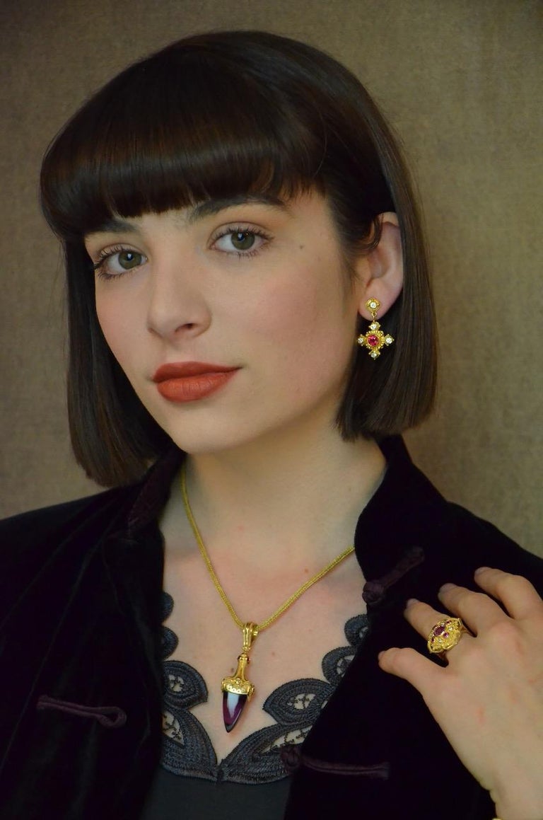 18 Karat Gold Earrings with Red Spinel, Diamonds and Granulation