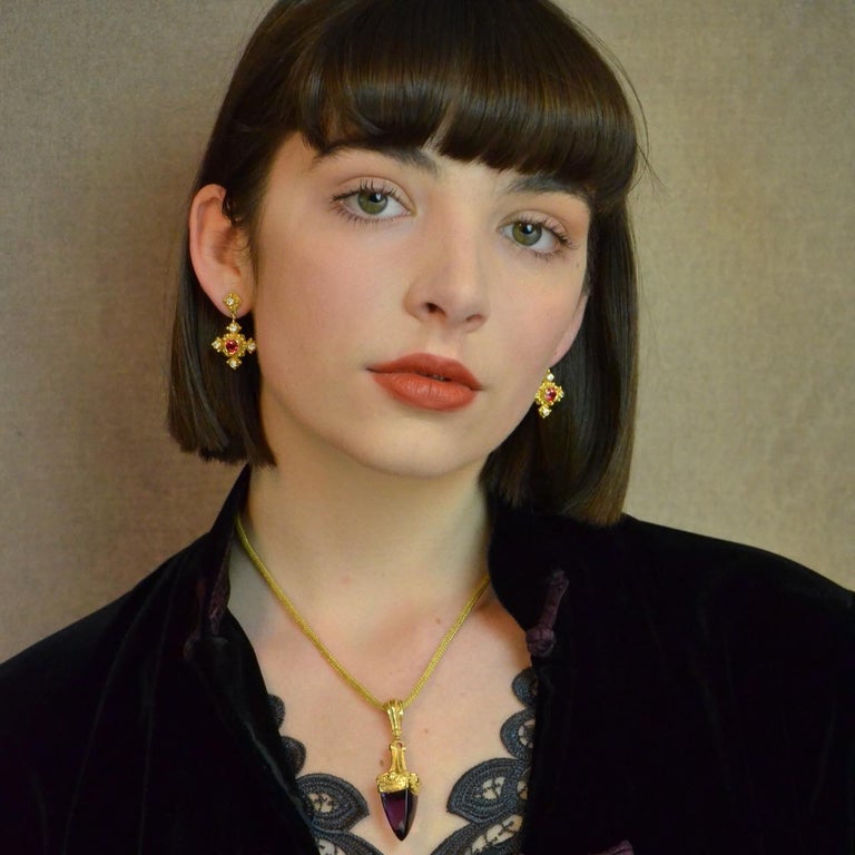 18 Karat Gold Earrings with Red Spinel, Diamonds and Granulation