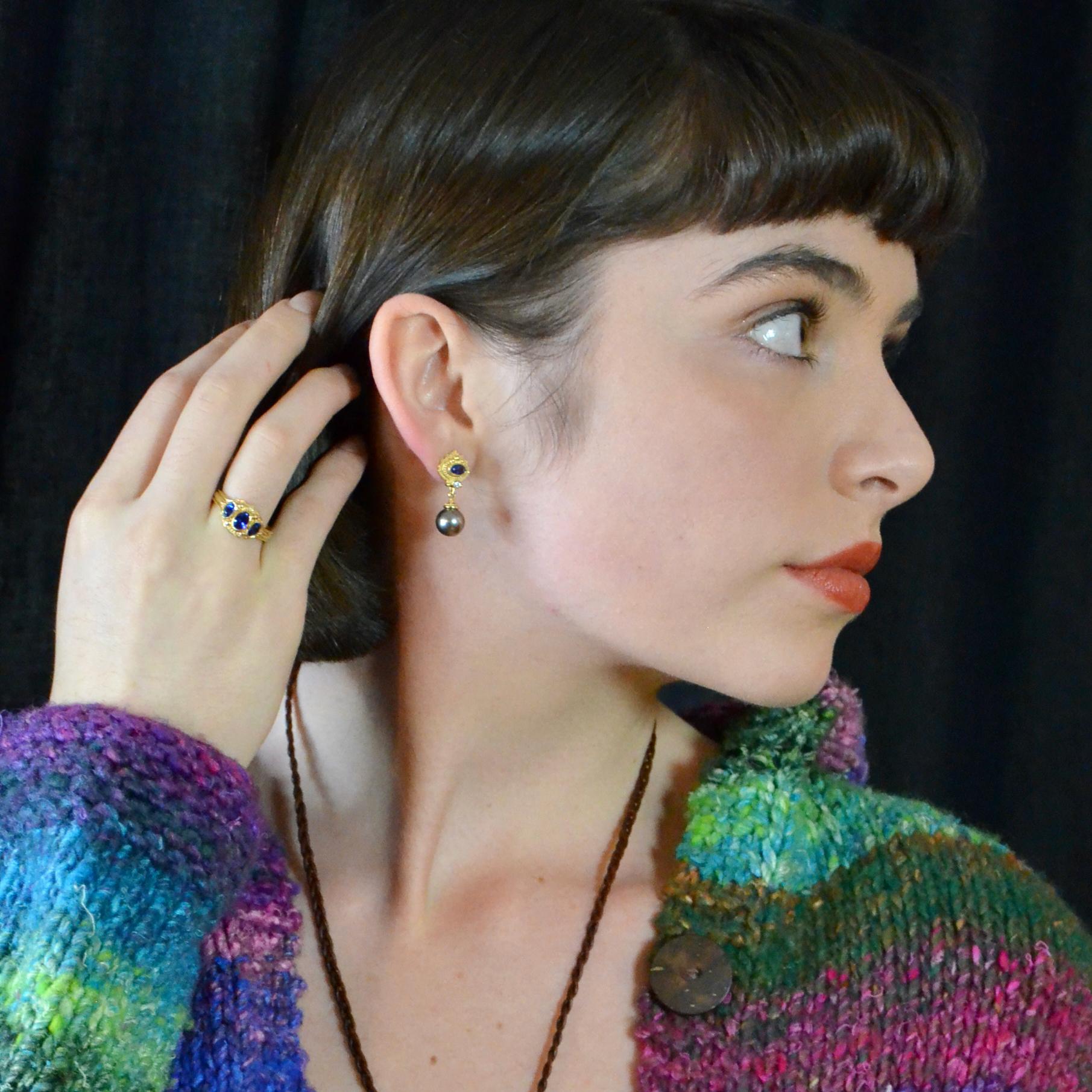 Blue Sapphire, Diamond and Edison Pearl Drop Earrings
