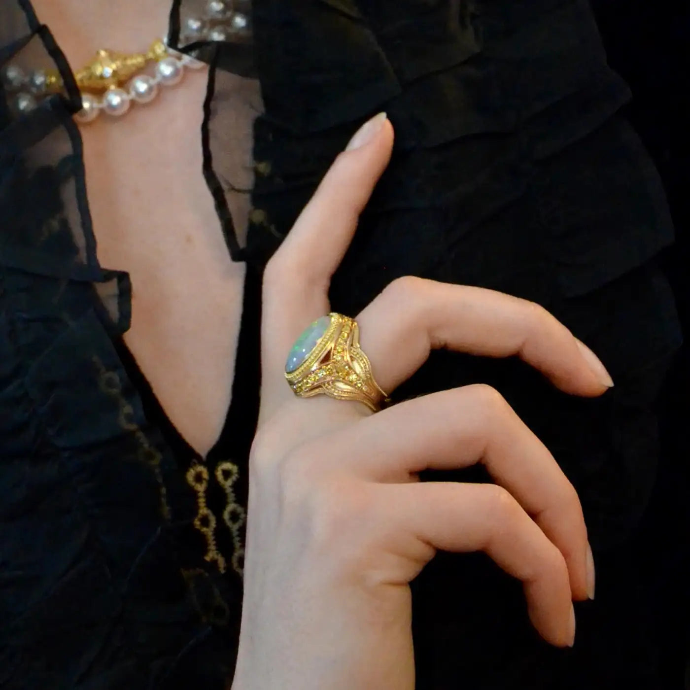 4ct Australian Opal and Yellow Diamond 18k Gold Cocktail Ring