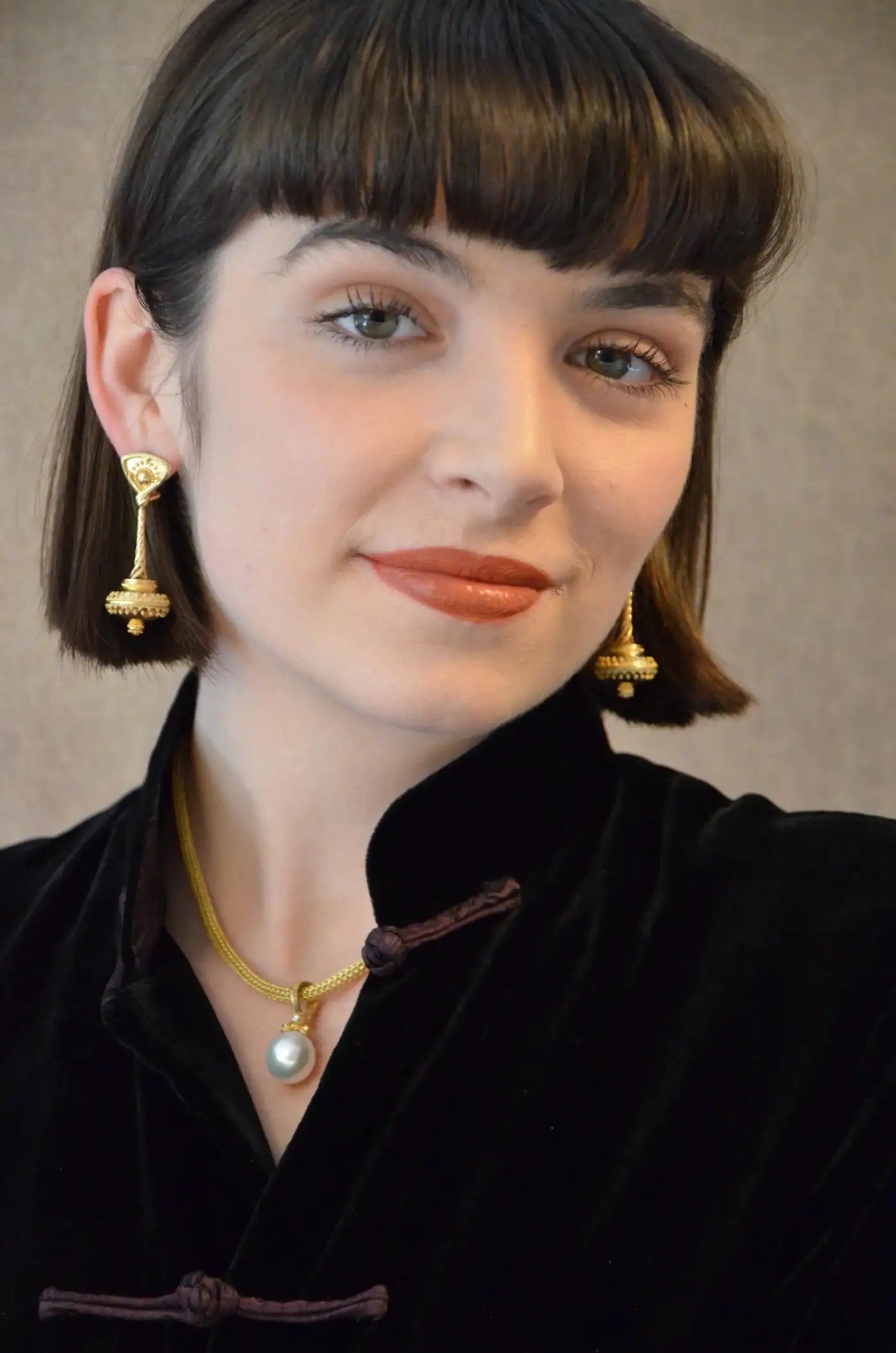 18Karat Gold Diamond, Ruby and Edison Pearl Pendant with Granulation