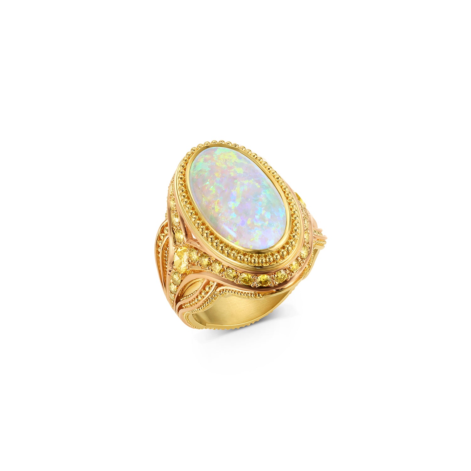 4ct Australian Opal and Yellow Diamond 18k Gold Cocktail Ring