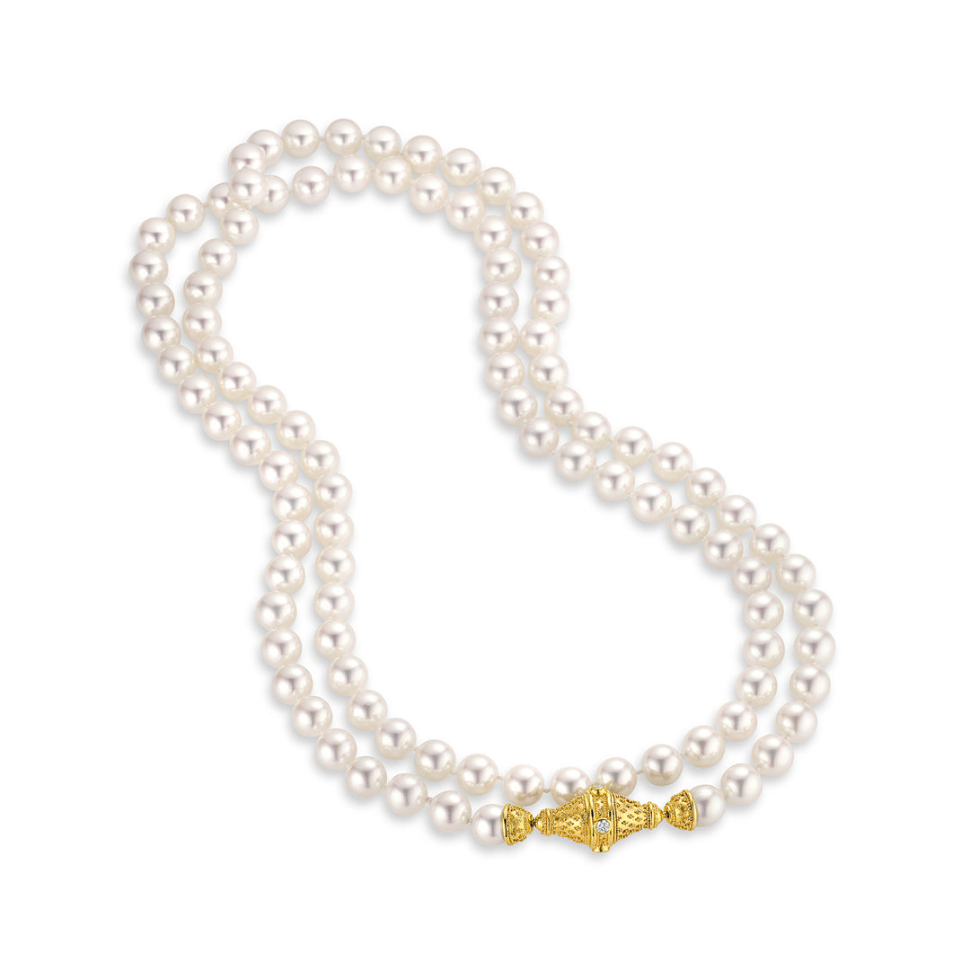 Double Strand Akoya Pearl Necklace, 18 K Gold and Diamond clasp