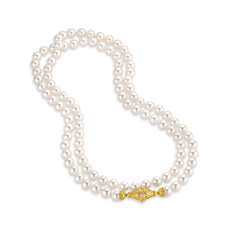 Double Strand Akoya Pearl Necklace, 18 K Gold and Diamond clasp
