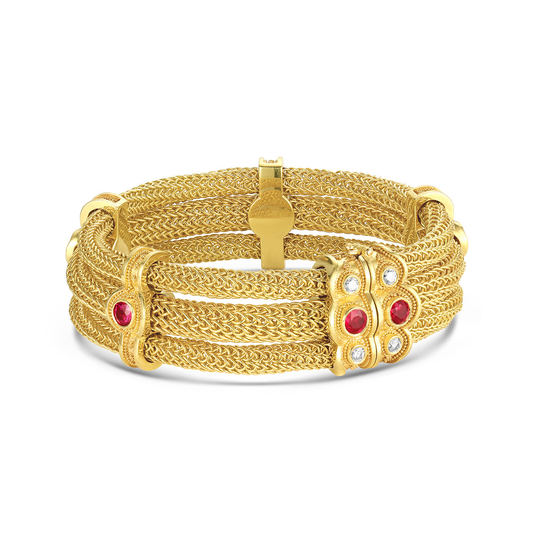 Triple Strand Woven Chain Bracelet with Rubies and Diamonds