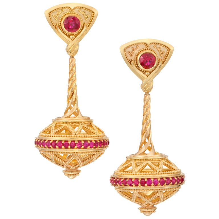 Ruby Flying Saucer Chandelier Earrings
