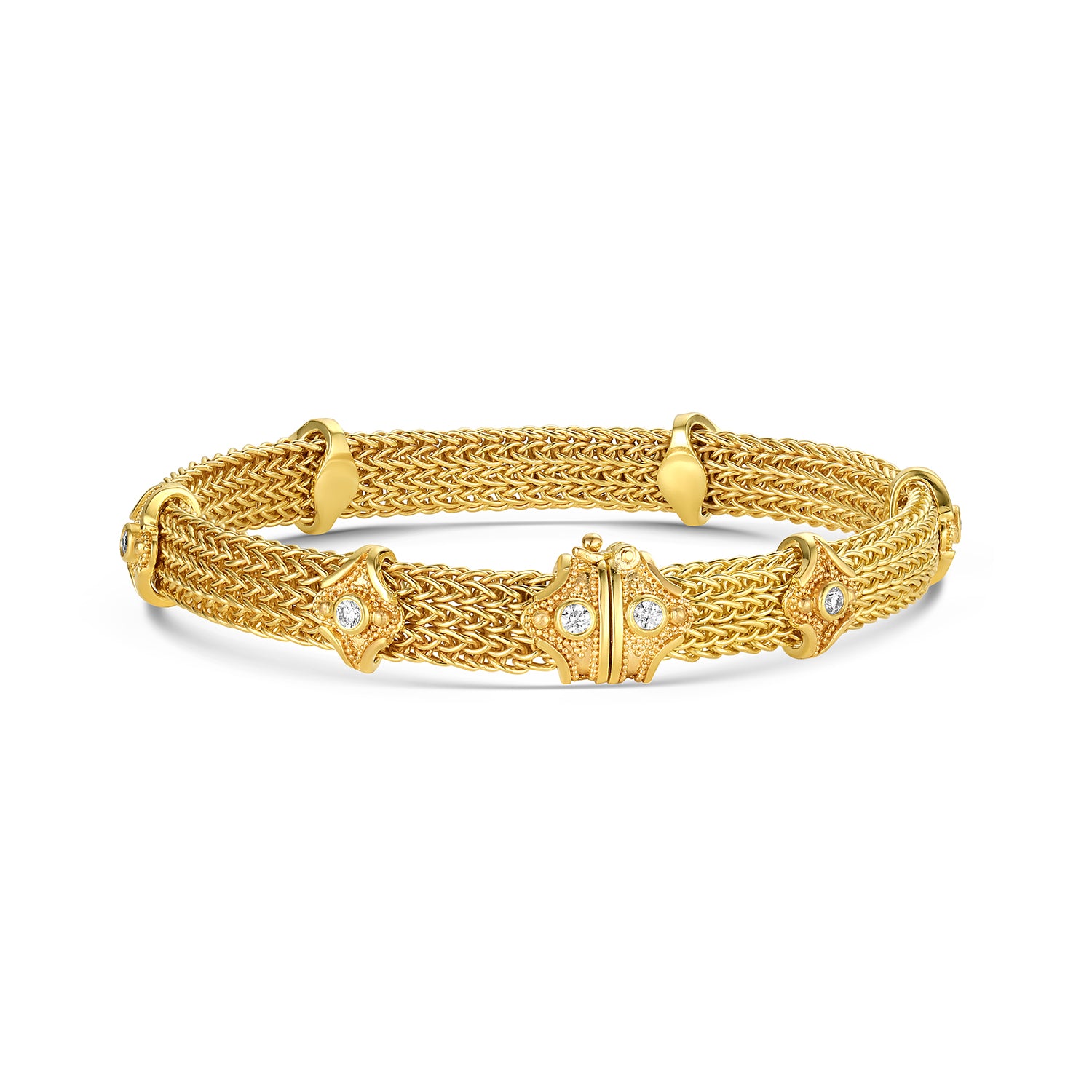 Flat woven bracelet with diamonds