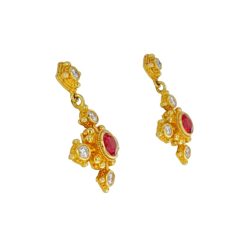 18 Karat Gold Earrings with Red Spinel, Diamonds and Granulation
