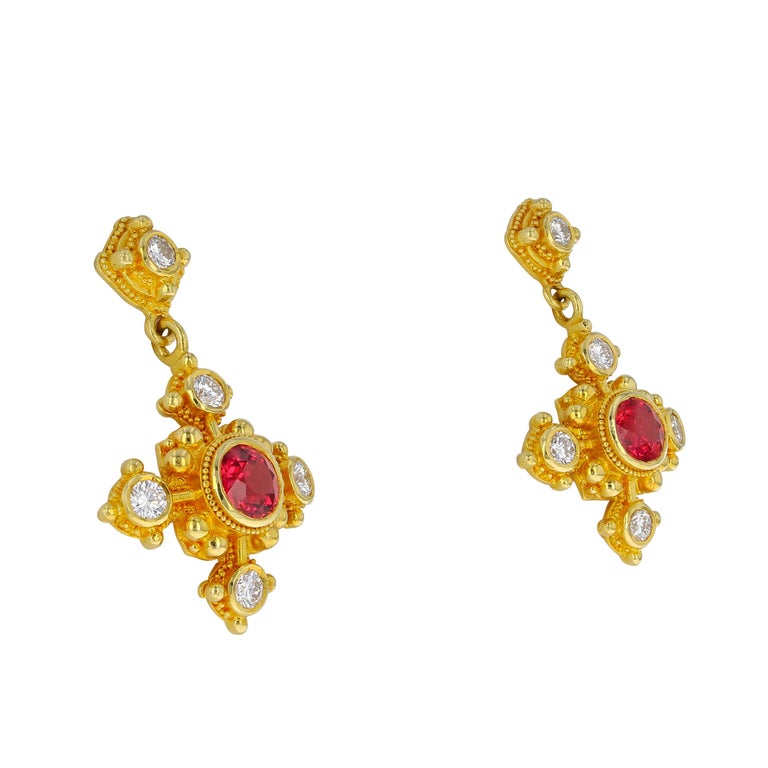 18 Karat Gold Earrings with Red Spinel, Diamonds and Granulation