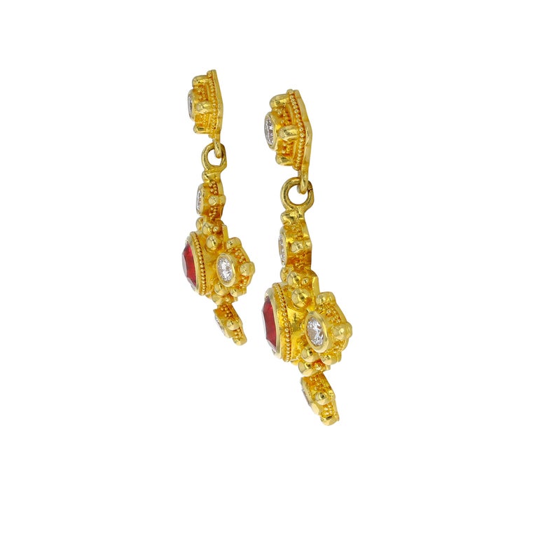 18 Karat Gold Earrings with Red Spinel, Diamonds and Granulation