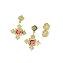 18 Karat Gold Earrings with Red Spinel, Diamonds and Granulation