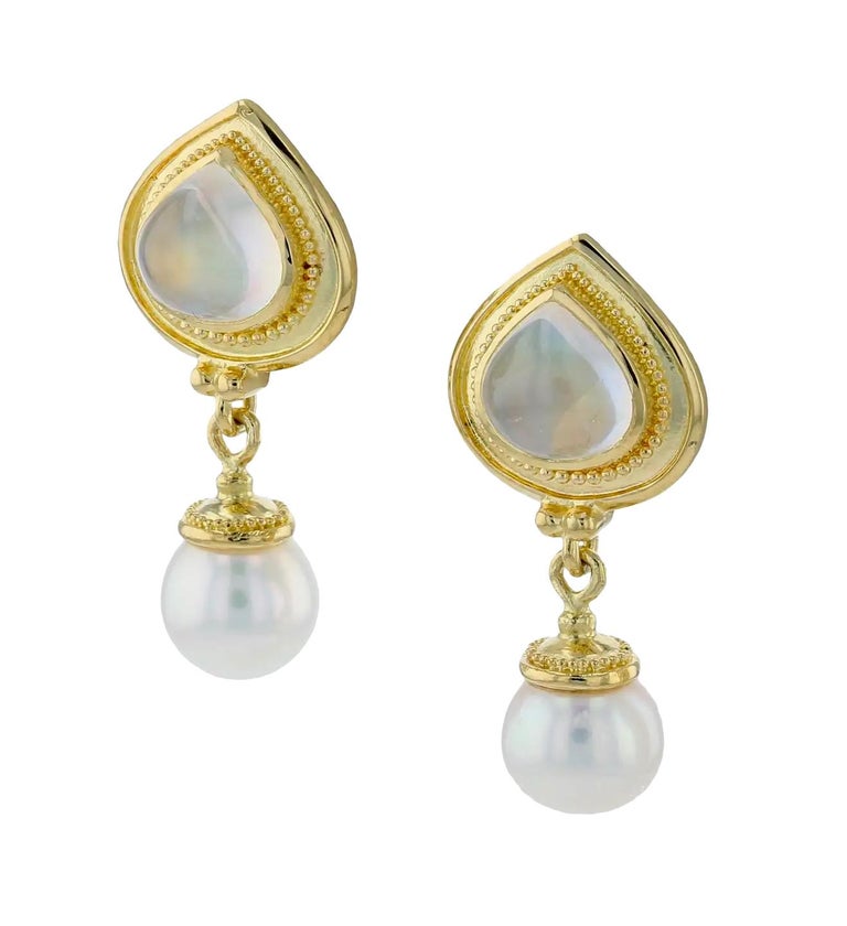 Moonstone and Pearls Drop Earrings with Granulation