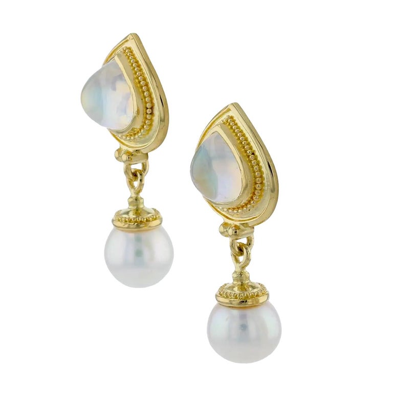 Moonstone and Pearls Drop Earrings with Granulation