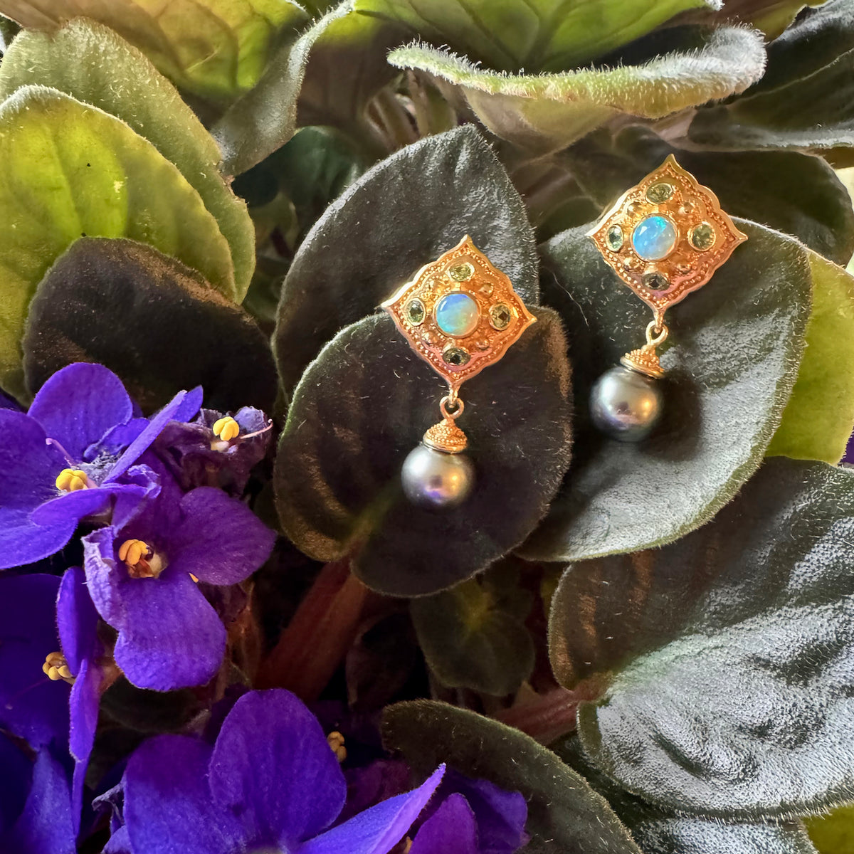 Earrings with Opal, Green Garnets and Grey Pearls