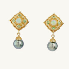 Earrings with Opal, Green Garnets and Grey Pearls