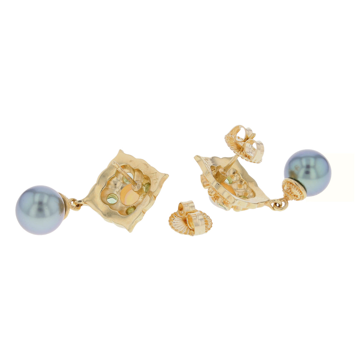 Earrings with Opal, Green Garnets and Grey Pearls