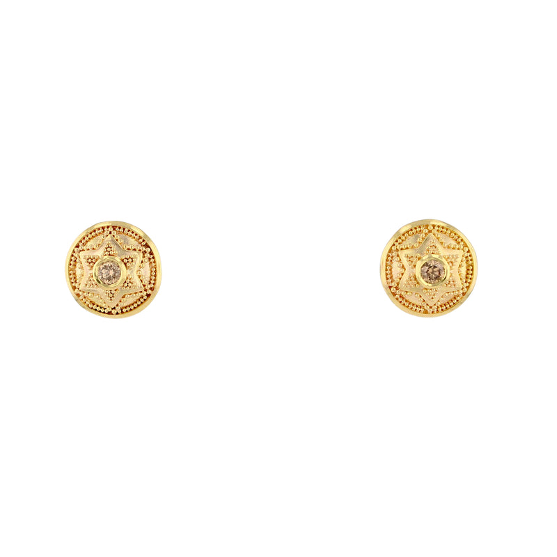 Gold Button Earrings with Champagne Diamonds