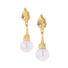 18 Karat Gold Pink Sapphire and Pearl Drop Earrings with Granulation