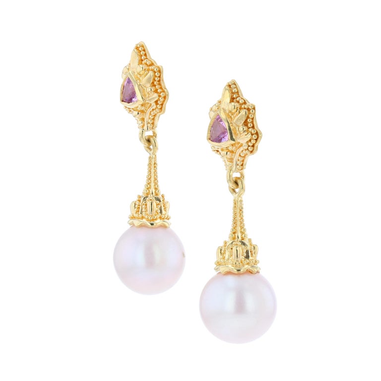 18 Karat Gold Pink Sapphire and Pearl Drop Earrings with Granulation
