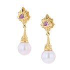 18 Karat Gold Pink Sapphire and Pearl Drop Earrings with Granulation