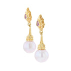 18 Karat Gold Pink Sapphire and Pearl Drop Earrings with Granulation