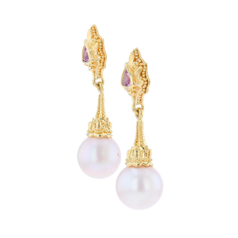 18 Karat Gold Pink Sapphire and Pearl Drop Earrings with Granulation
