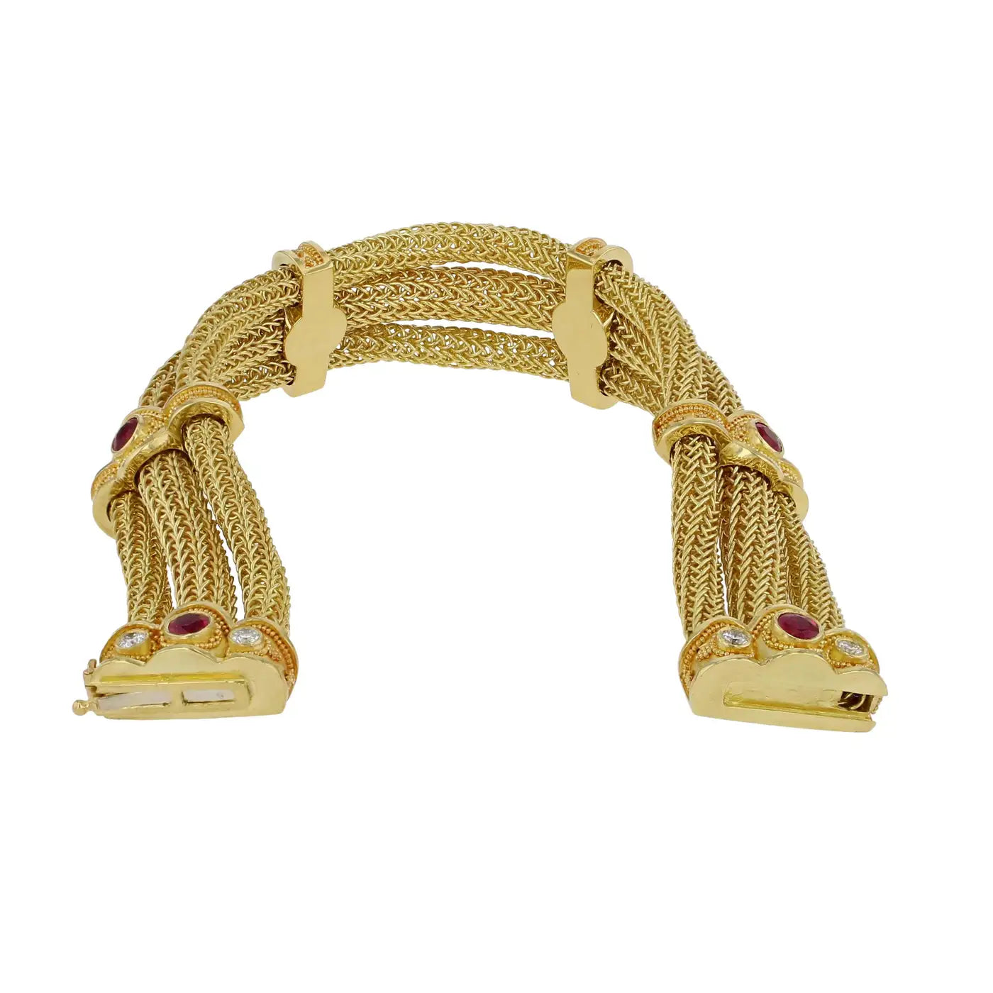 Kent Raible Triple Strand Woven Chain Bracelet with Rubies and Diamonds