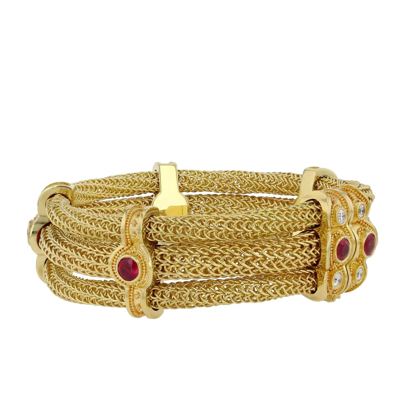 Kent Raible Triple Strand Woven Chain Bracelet with Rubies and Diamonds
