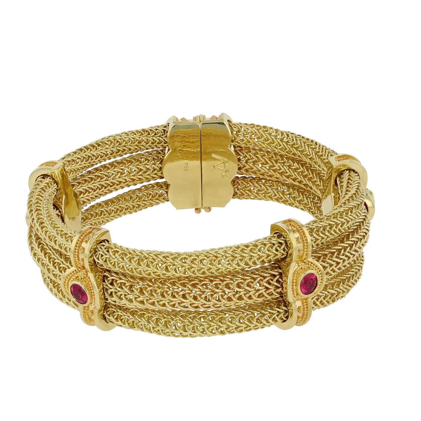 Kent Raible Triple Strand Woven Chain Bracelet with Rubies and Diamonds