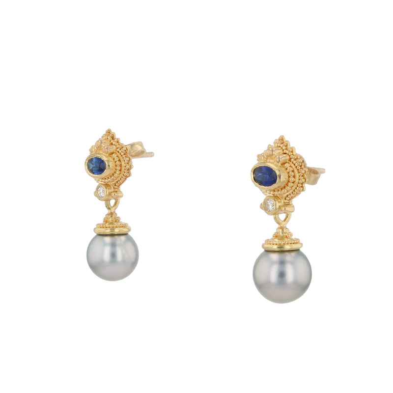 Blue Sapphire, Diamond and Edison Pearl Drop Earrings
