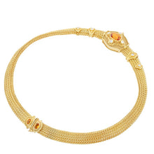 Necklace with hand woven chain: Golden Sapphire 5.54ct, Diamonds DEF VS .80ct, Golden Sapphire (in clasp) 1.18ct, 82.4gr 18k Gold.