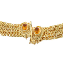 Necklace with hand woven chain: Golden Sapphire 5.54ct, Diamonds DEF VS .80ct, Golden Sapphire (in clasp) 1.18ct, 82.4gr 18k Gold.