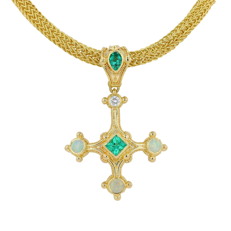 Cross Pendant with Emerald, Diamond and Opals