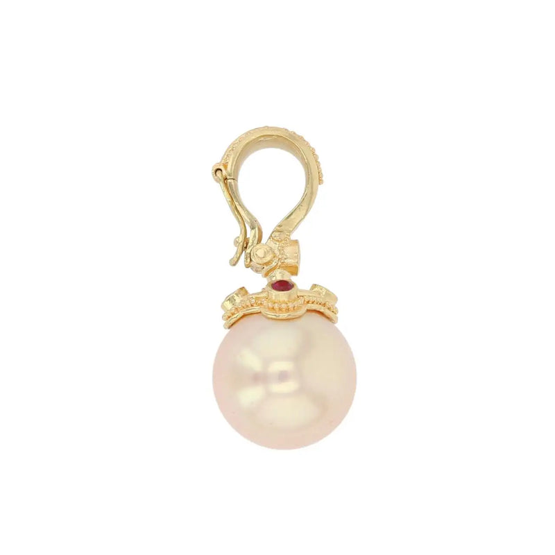 18Karat Gold Diamond, Ruby and Edison Pearl Pendant with Granulation