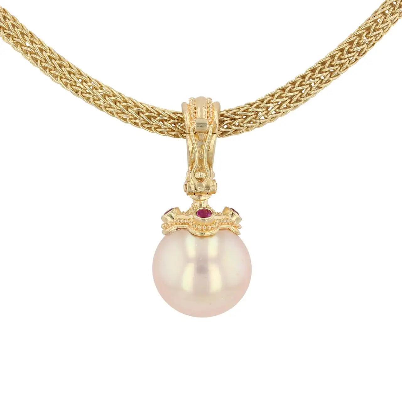 18Karat Gold Diamond, Ruby and Edison Pearl Pendant with Granulation