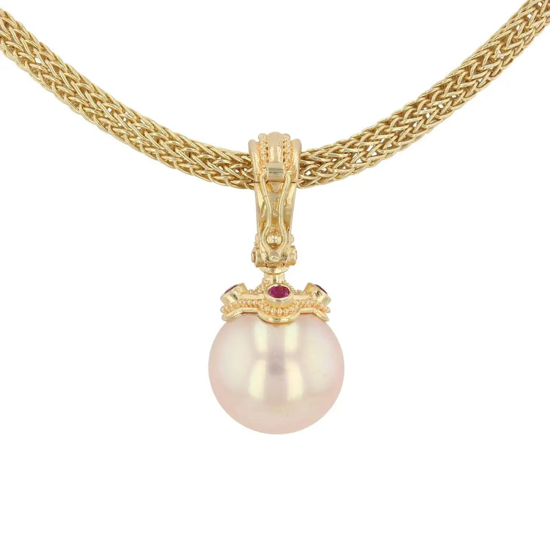 18Karat Gold Diamond, Ruby and Edison Pearl Pendant with Granulation
