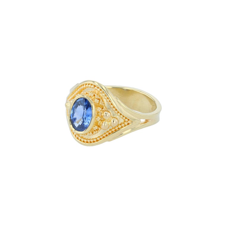 Blue Sapphire Solitaire Ring with 18 Karat Gold Granulation