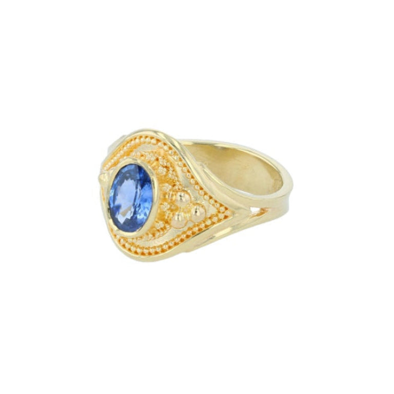 Blue Sapphire Solitaire Ring with 18 Karat Gold Granulation