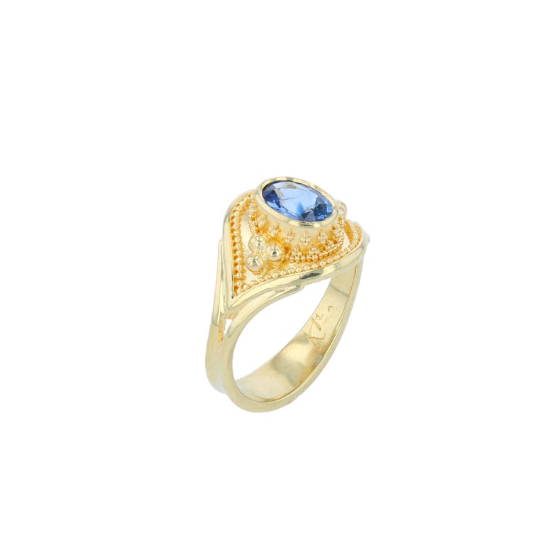 Blue Sapphire Solitaire Ring with 18 Karat Gold Granulation