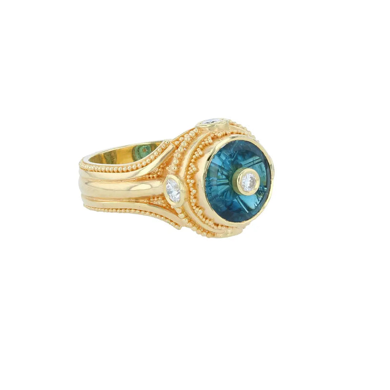 Indicolite Tourmaline, Diamond, 18K Gold Granulation Cocktail Ring