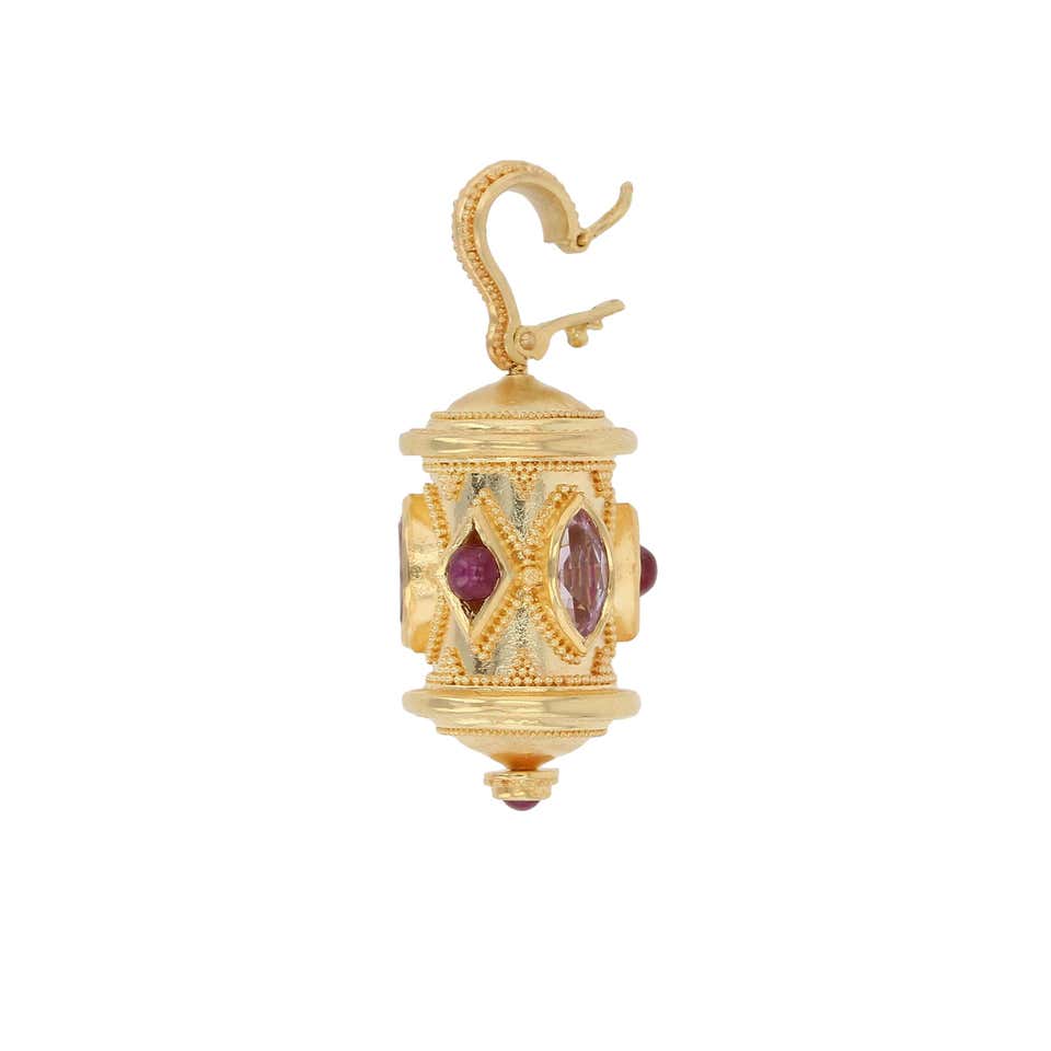 Kent Raible 18 Karat Gold Pink and Ruby Prayer Wheel Pendant with Granulation
