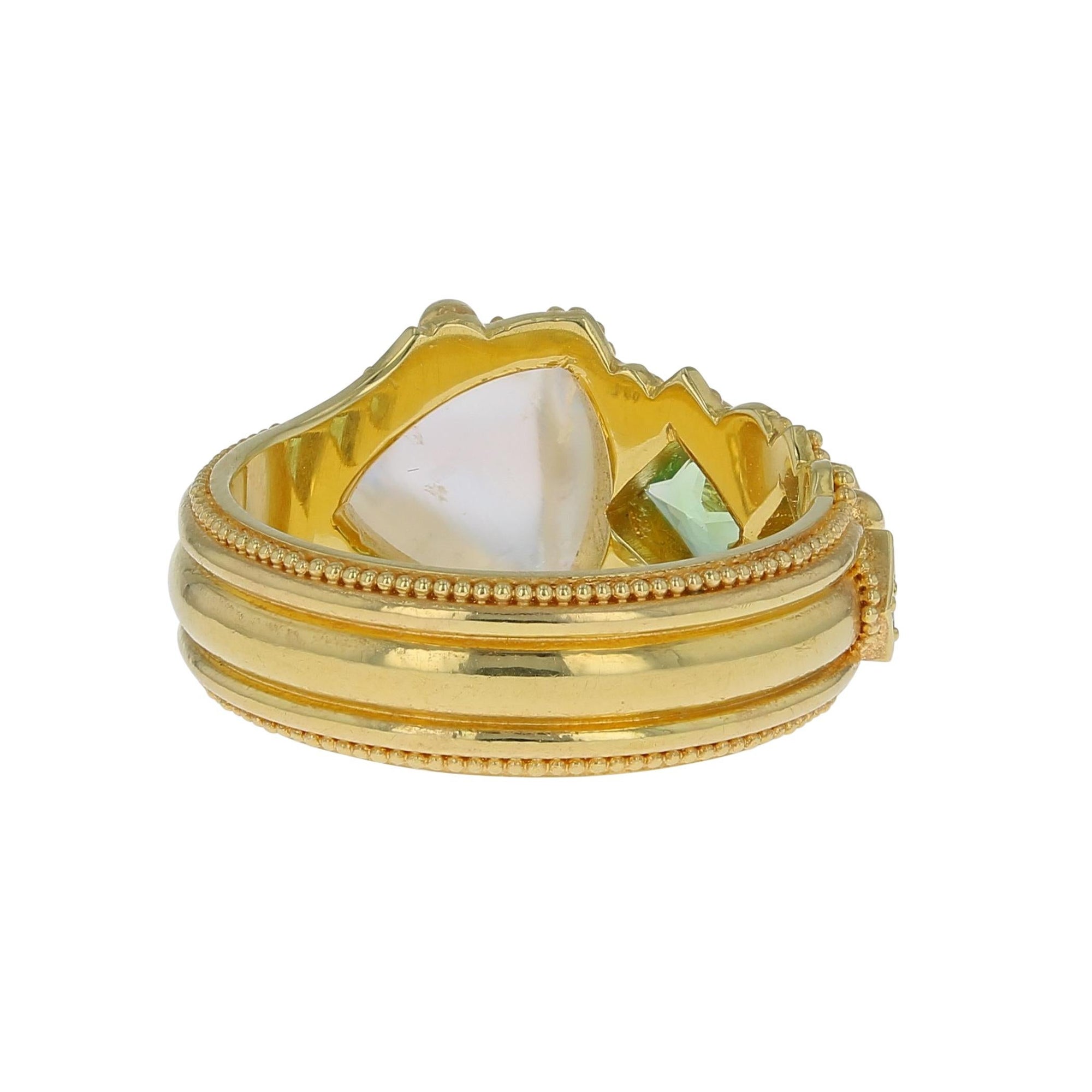 Asymmetrical Moonstone and Green Garnet Ring