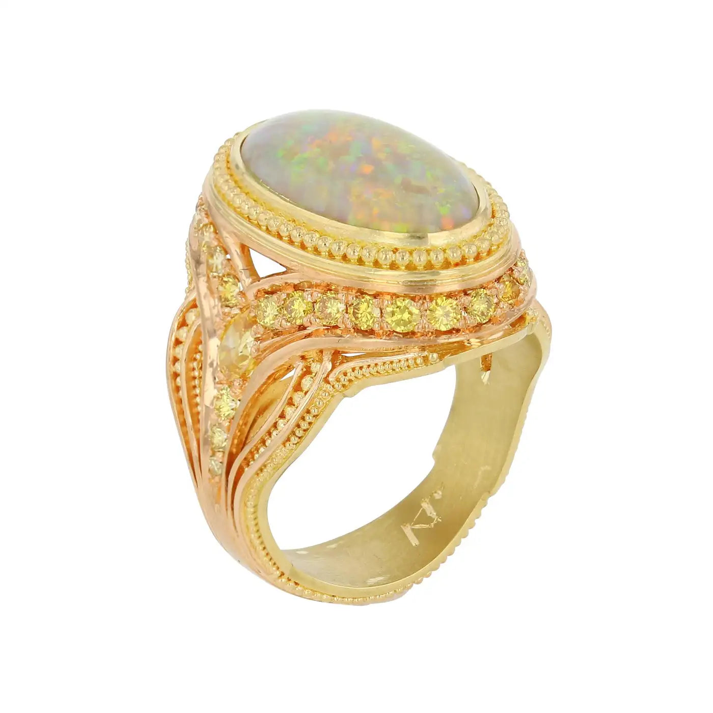 4ct Australian Opal and Yellow Diamond 18k Gold Cocktail Ring
